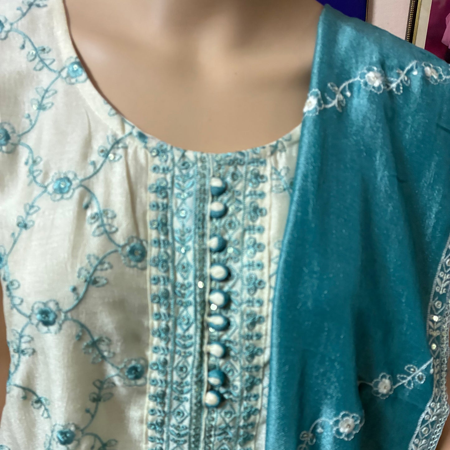 Blue & White with embroidery Kurti Set