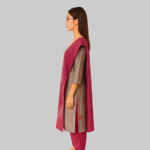Woman wearing a maroon dupatta over a traditional outfit on a white background