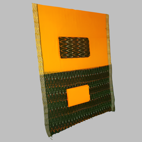 Textile with orange and green patterns on a gray background