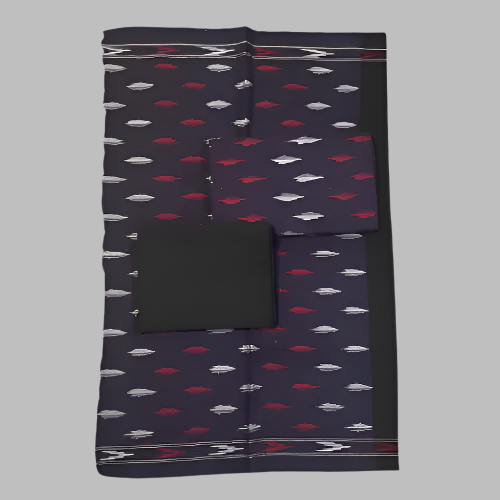 Navy blue fabric with red and white pattern on a gray background