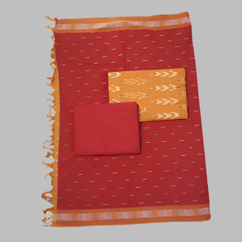 Red fabric with orange border and patterns on a white background