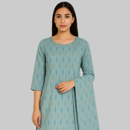 Woman wearing a teal dress with a subtle pattern on a white background