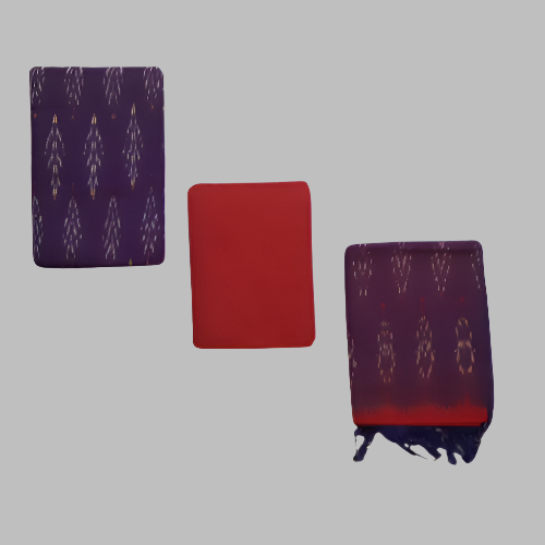 Three patterned scarves in purple, red, and a mix of both on a white background.