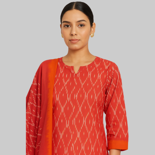 Woman wearing a red patterned kurta against a white background