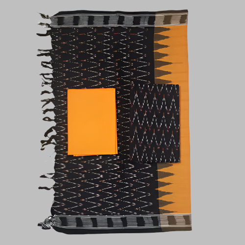 Patterned fabric with orange and black design on a white background
