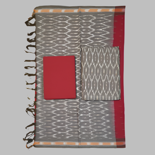 Patterned fabric with a red square and textured design