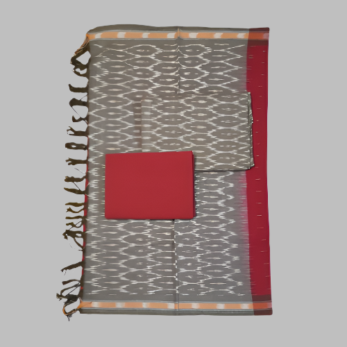 Gray patterned fabric with red square and decorative border on a gray background