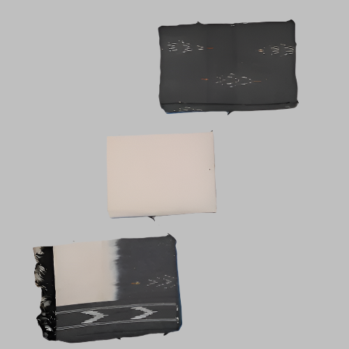 Three folded fabric pieces in black, beige, and a mix of black and white on a white background.