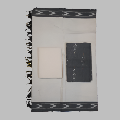 White prayer mat with black patterns and fringes on a white background