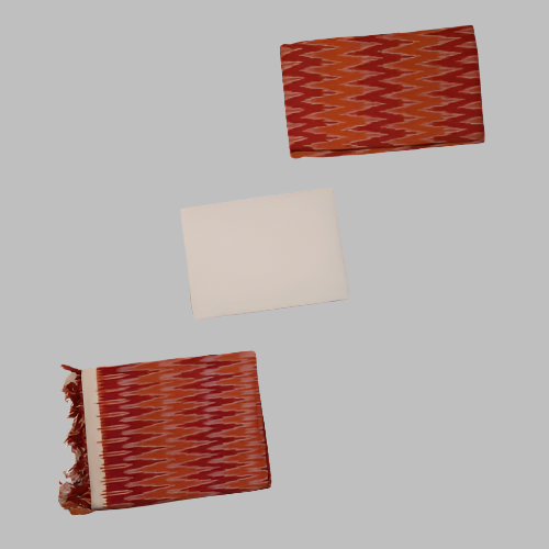 Two woven fabric samples, one red and white patterned, one plain beige, on a white background.