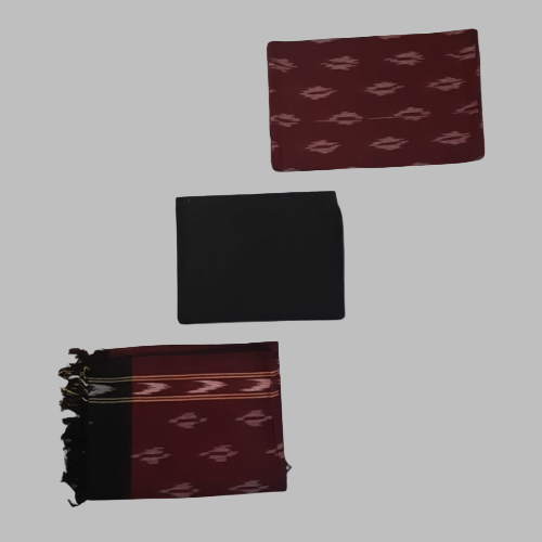 Three fabric swatches in black, maroon with white patterns, and maroon with white patterns on a white background.