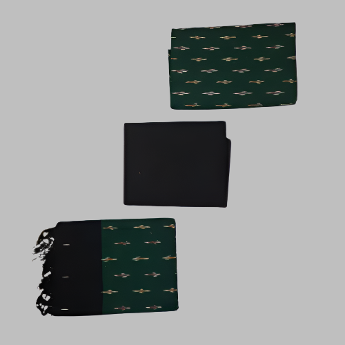 Set of green and black patterned fabric pieces on a white background