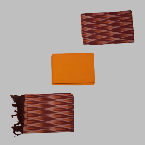Three patterned cloths in orange, brown, and multicolor on a white background