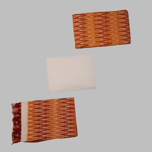 Three woven fabric samples in orange, white, and a mix of both on a white background.