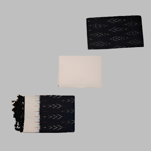 Three patterned scarves in black, white, and a mix of both on a white background.
