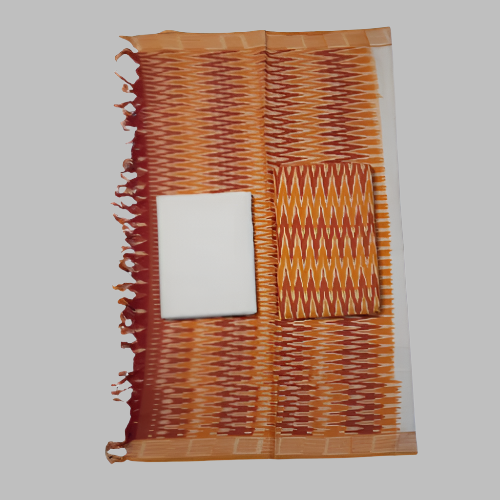 Woven fabric with orange and brown patterns on a white background