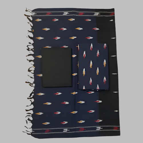 Navy blue towel with colorful rocket pattern and black pouches on a white background
