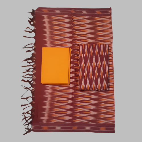 Patterned fabric with a yellow square and smaller pattern on a white background