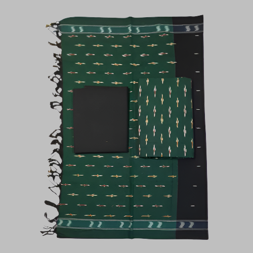 Green patterned fabric with a black square pocket on a white background