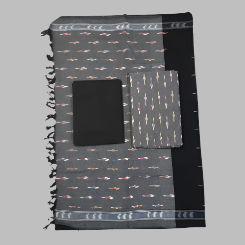 Black and gray patterned blanket with a small pouch on a white background