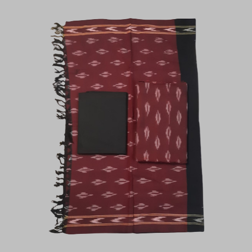 Red patterned fabric with black border on a white background