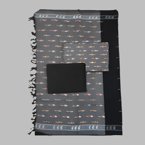 Black and gray patterned towel with a pocket on a white background