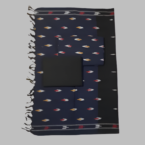 Navy blue towel with white geometric pattern and black pocket on a white background