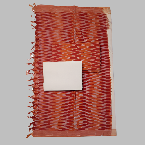 Orange and white patterned towel with tassels on a white background