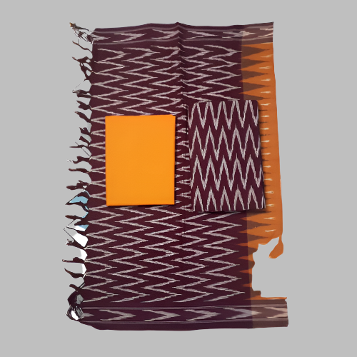 Woven fabric with zigzag pattern and orange square on a white background