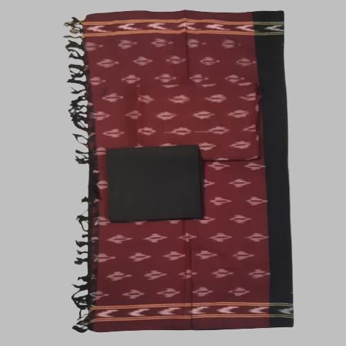 Maroon fabric with black pattern and tassels on a white background