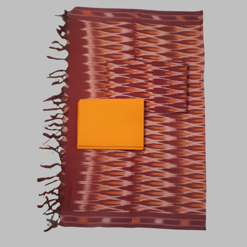 Patterned fabric with orange square and decorative border on a white background