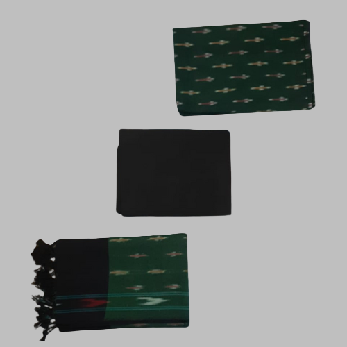 Set of three green fabric pouches with different designs on a white background