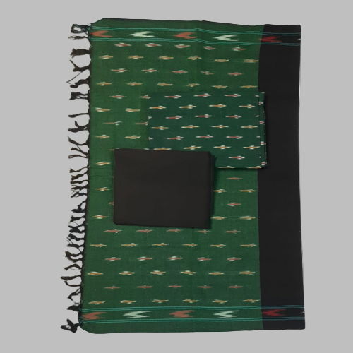 Green patterned blanket with black border and pocket on a white background