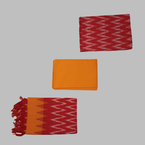 Set of three fabric pieces with zigzag patterns in red, orange, and a mix of both on a white background.