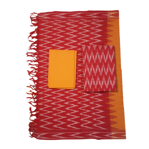 Red and orange patterned fabric with zigzag design on a white background