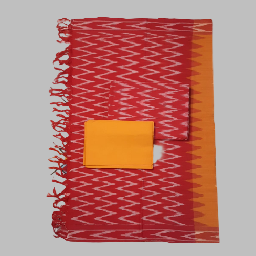 Red and orange patterned fabric with a pocket on a white background