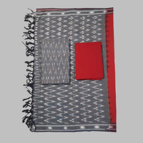 Textile with geometric patterns and red fabric on a white background