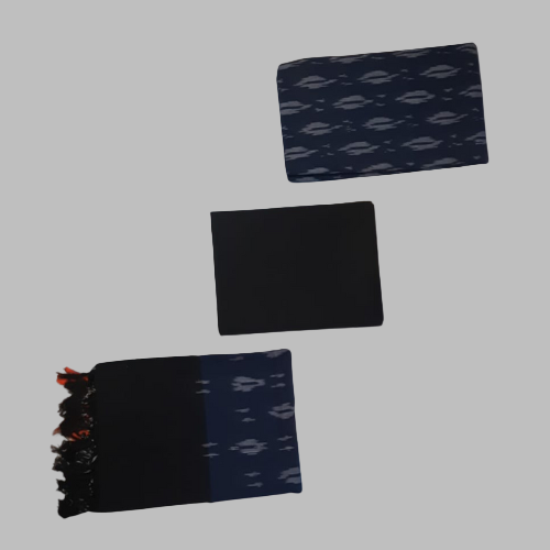 Set of three black scarves with patterned designs on a white background