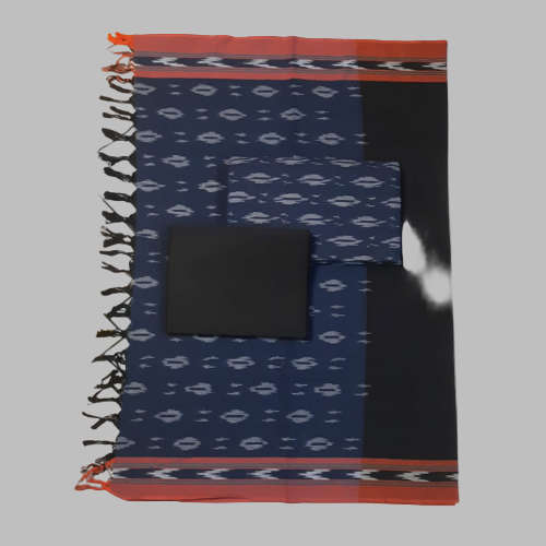 Navy blue scarf with white patterns and red edges on a white background