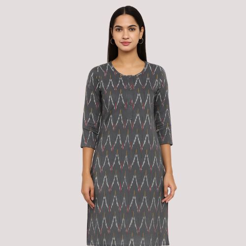 Pochampally Ikkat Dark Grey and White Wave Kurti