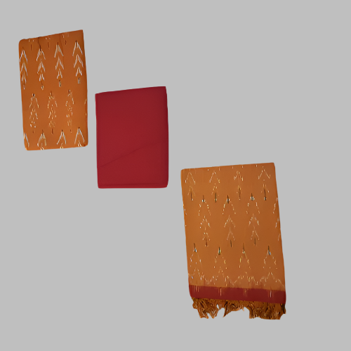 Set of three scarves with different patterns and colors on a white background