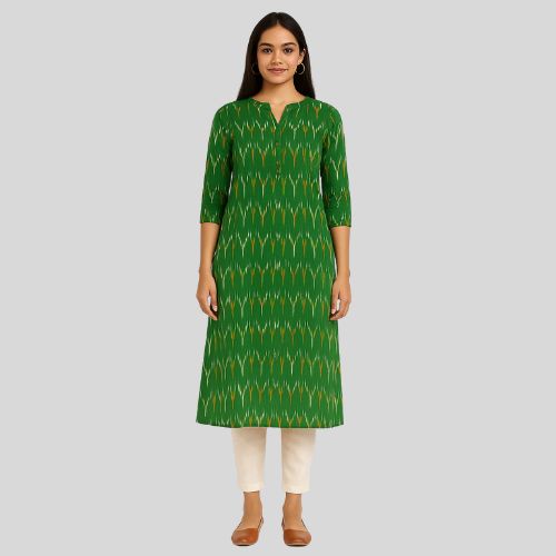 Pochampally Ikkat Green and White Wave Kurti Set