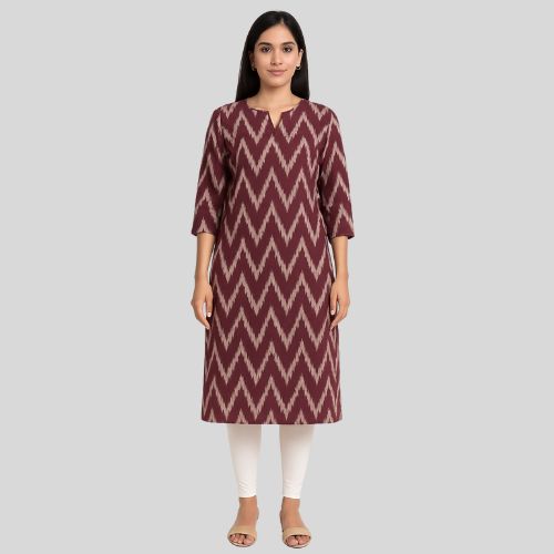 Pochampally Ikkat Maroon and White Wave 2 Pcs Kurti Set