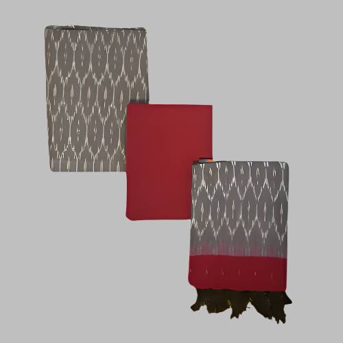 Two patterned scarves, one gray with white geometric design and the other red with a similar design, on a gray background.