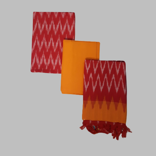 Three patterned scarves in red, orange, and multicolor on a white background