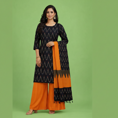 Orange and Black and White Wave Kurti Set