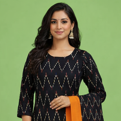 Orange and Black and White Wave Kurti Set