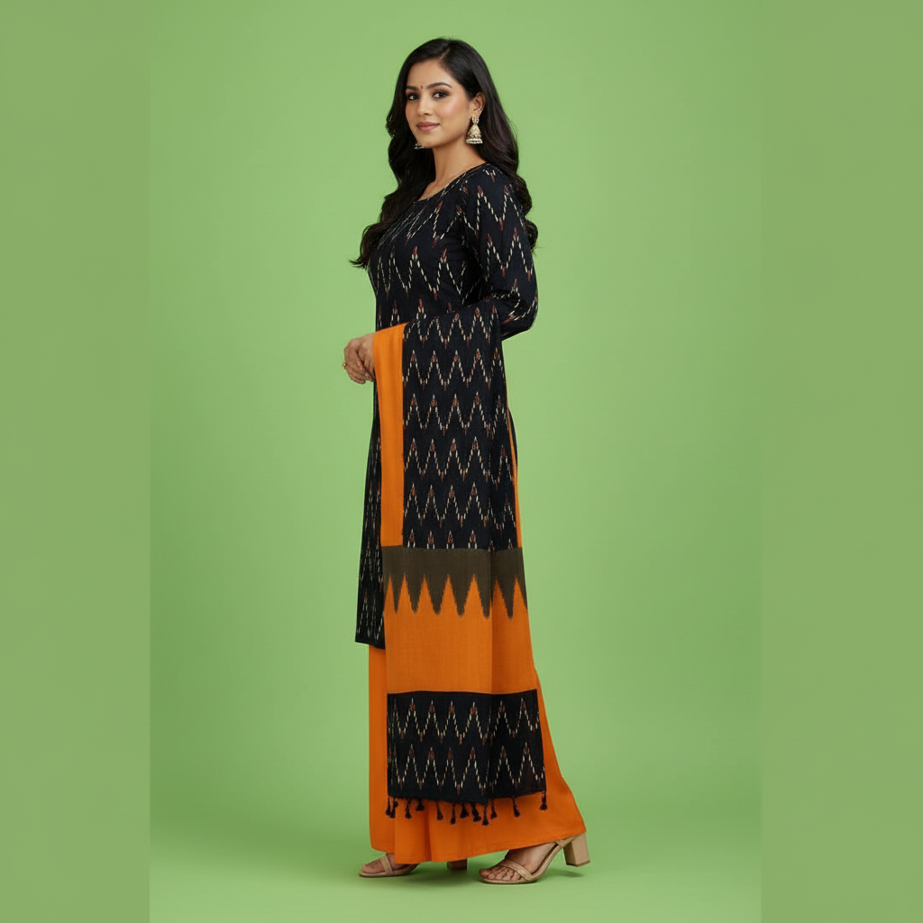 Orange and Black and White Wave Kurti Set