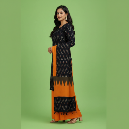 Orange and Black and White Wave Kurti Set