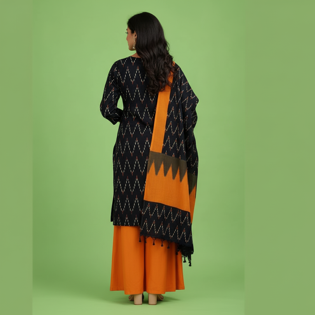 Orange and Black and White Wave Kurti Set
